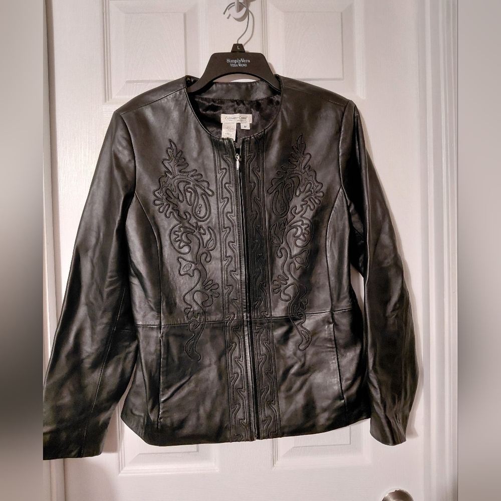 Coldwater Creek Womens M Black Leather Jacket Floral Cutout Smooth Coat Pockets